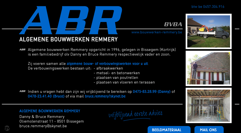 algemene, bouwwerken, Remmery, Danny, Bruce, Remmery, algemene, betonwerken, 8501, Bissegem, Kortrijk, bouwonderneming, bouwen, metsel, metselwerken, beton, betonwerken, vloeren, opritten, terrassen, renovatie, restauratie, verbouwingen, metselwerk, afbraak, wandtegels, woning, bouw, rioleringswerken